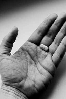 Schwarz-weiss Bild von einer offenen Hand die eine Pille mit der Prägung "510" hält.